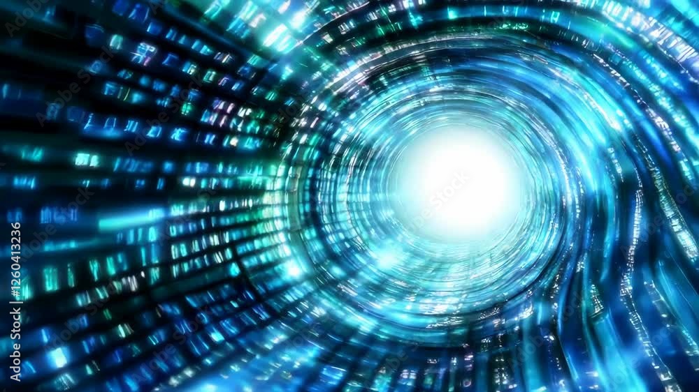 Poster abstract digital tunnel with swirling turquoise and bright blue light streaks. binary code fills the
