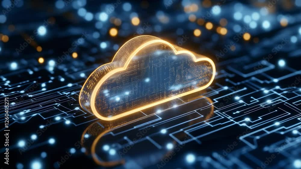 Poster futuristic digital cloud representation on a high-tech circuit board background, symbolizing data st