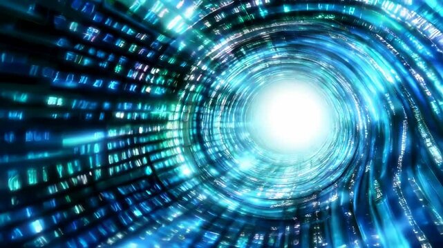 Abstract digital tunnel with swirling turquoise and bright blue light streaks. Binary code fills the tunnel, creating a dynamic and futuristic