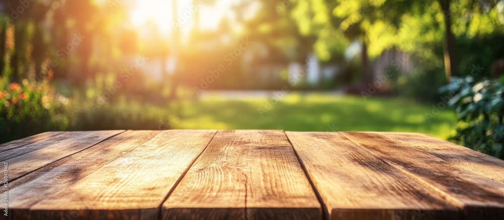 Poster wooden table in soft focus garden setting with sunlight creating a warm atmosphere ideal for text ov