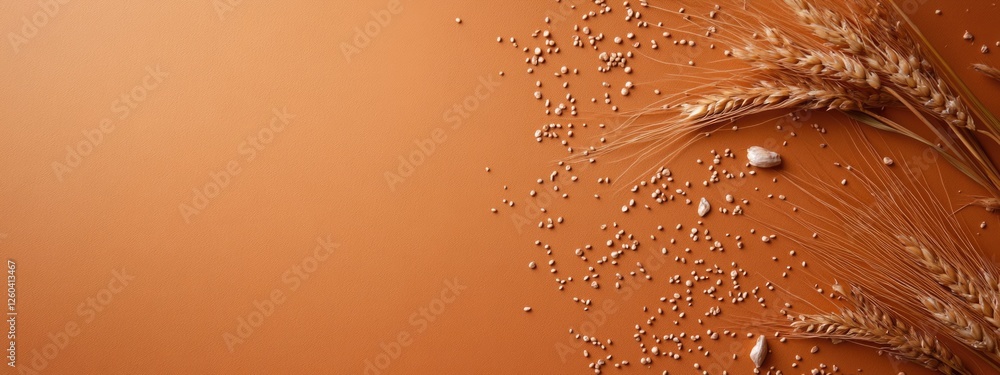 Poster wheat grains and stalks arranged on a warm brown background with ample space for text or design elem