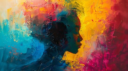 "A mesmerizing abstract painting of a girl, blending vibrant colors and bold brushstrokes. Her face is partially obscured by swirling hues of blue, red, and gold, evoking mystery and emotion. Fragment