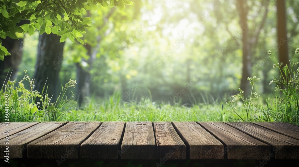 Poster wooden bench in a serene green forest with soft sunlight creating an inviting atmosphere and ample s