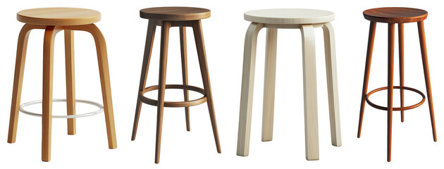 Varied Designs of Wooden Bar Stools in Different Finishes Featuring Minimalist Aesthetic and Modern Appeal