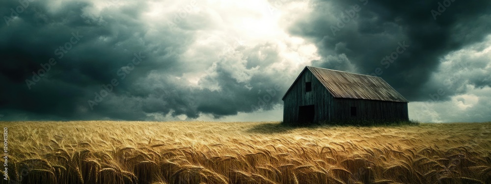 Poster wheat field with barn and dramatic clouds creating an atmospheric landscape and copy space for text
