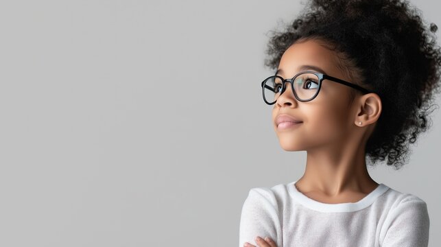 Jeune fille avec des lunettes regardant en l'air. Fond blanc.