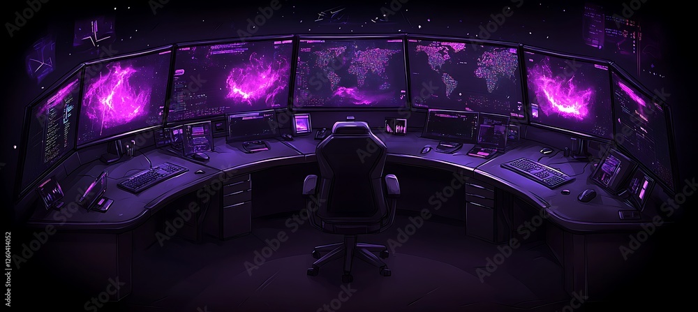 Poster futuristic cyber security command center with multiple monitors displaying global data