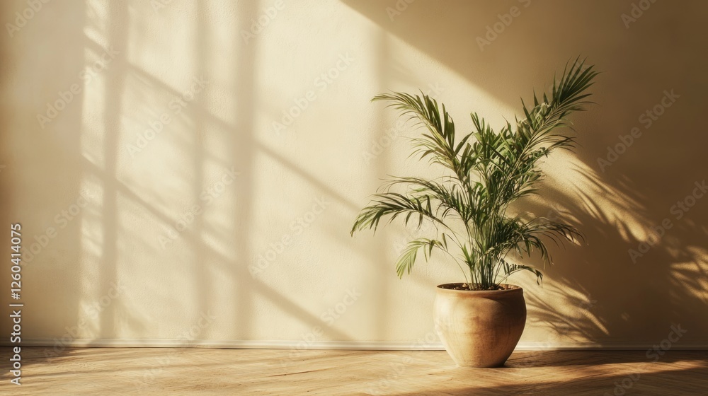 Poster serene room with withered houseplant bathed in soft light empty space for text and reflection on woo