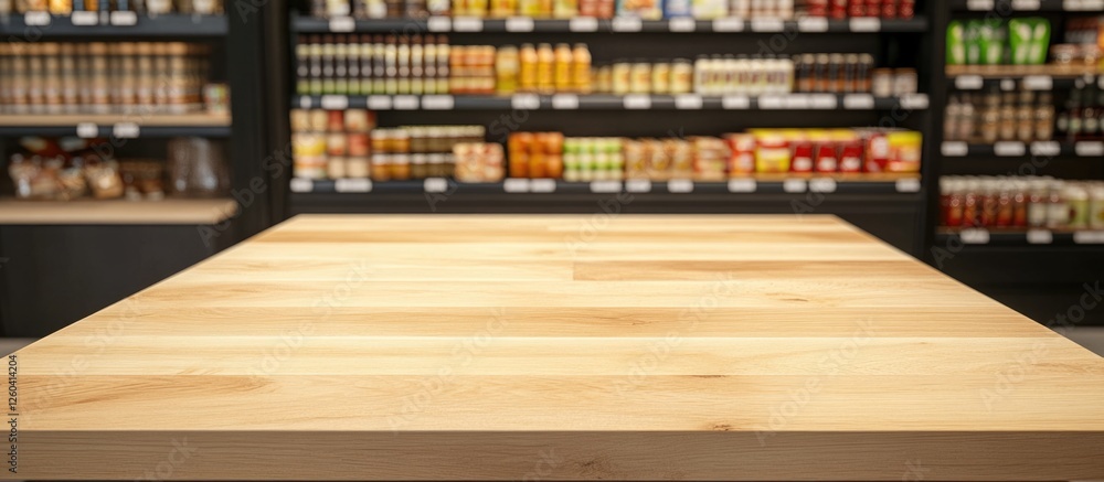Poster wooden tabletop in supermarket with beverage display ideal for mockup design featuring empty space f