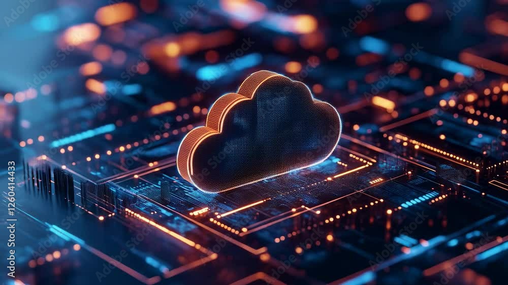 Poster a high-tech cloud computing illustration: visual representation of cloud storage over a circuit boar