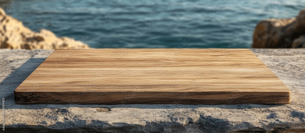 Poster wooden table on coastal rock surface with ocean background ideal for product display and text space 