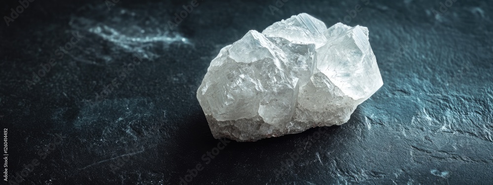 Poster white muscovite crystal on dark textured surface with selective focus and space for custom text or d