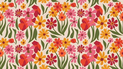 Vibrant floral pattern in warm colours, perfect for fabric or wallpaper.