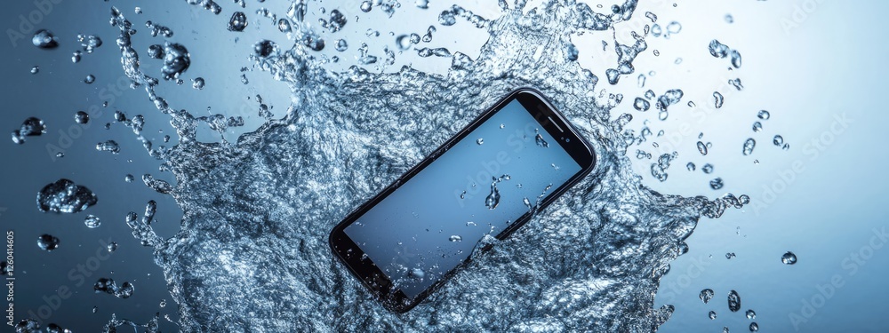 Poster water splashing on mobile phone concept with empty space for text and water usage awareness theme