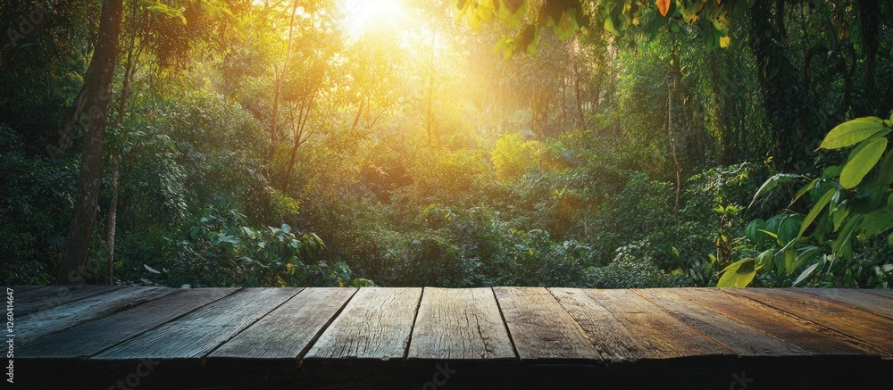 Poster wooden table in lush green forest with sunlight creating a serene backdrop and empty space for text 