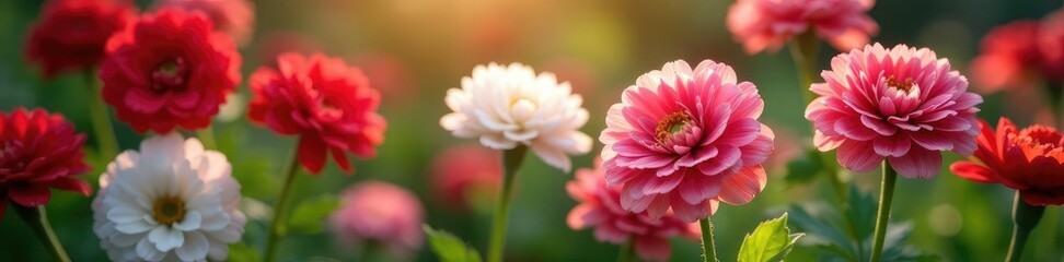 Delicate ranunculus flowers in shades of red and white, still life, garden, nature