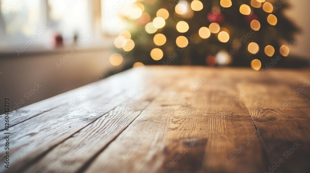 Poster wooden tabletop in front of a blurred christmas tree background with empty space for text and holida