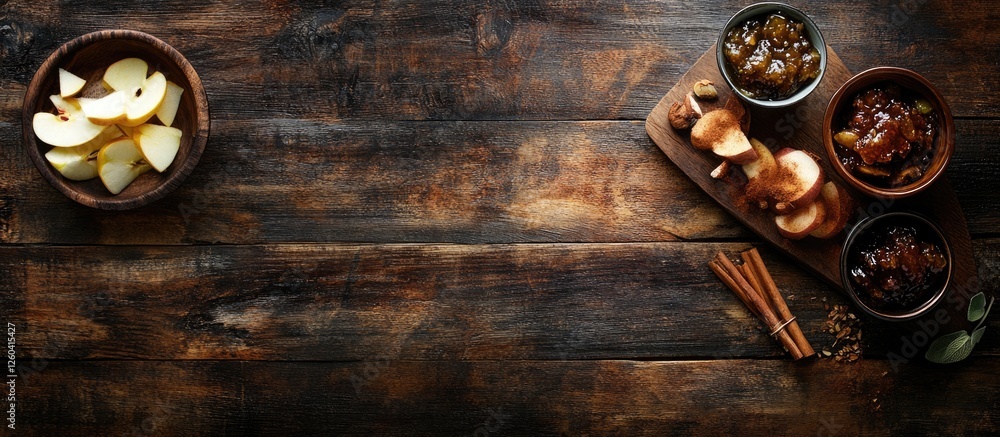 Poster rustic wooden table with sliced apples cinnamon and flavorful chutney creating an inviting space for