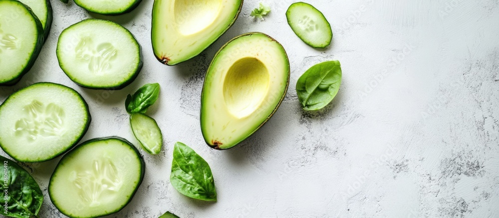 Poster fresh avocado and cucumber slices arranged artistically on a textured surface with ample space for o