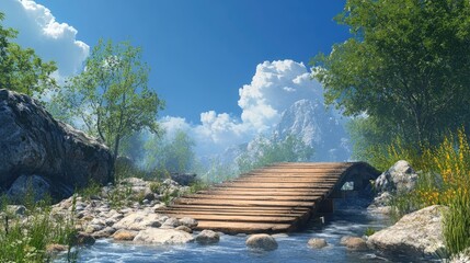 Naklejka premium Wooden Bridge Over a Clear Stream Surrounded by Lush Greenery and Blue Sky Ideal for Nature and Outdoor Themes