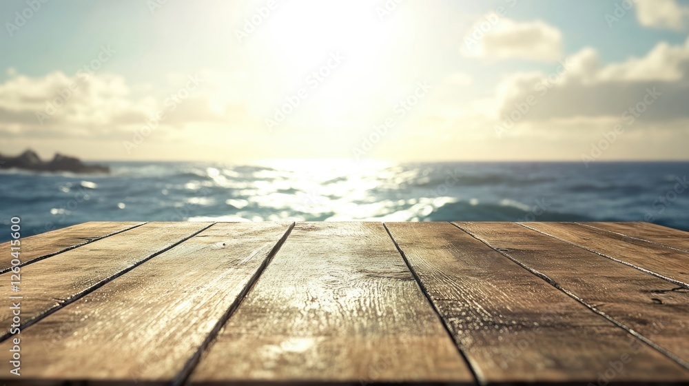 Poster wooden tabletop overlooking a serene ocean view with sunlight and ample empty space for text and cre