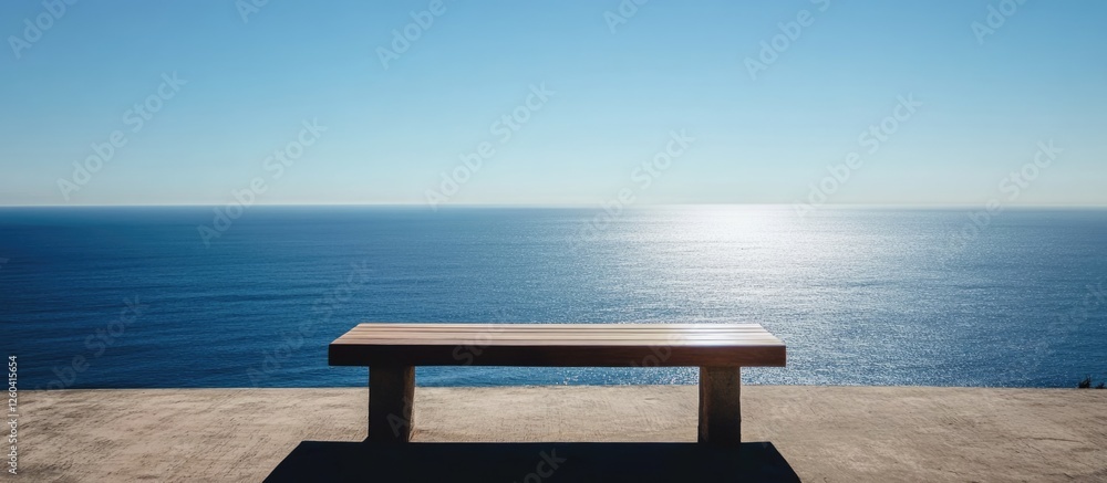 Poster tranquil wooden table overlooking a sunny ocean horizon with empty space for text in a serene coasta