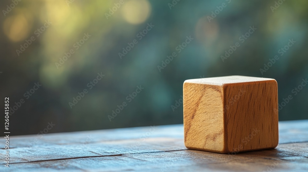 Poster wooden spinning box toy on rustic table with soft blurred background and ample space for overlay tex