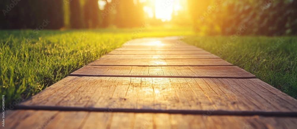 Poster wooden walkway leading through lush grass at sunset creating a serene atmosphere with ample space fo