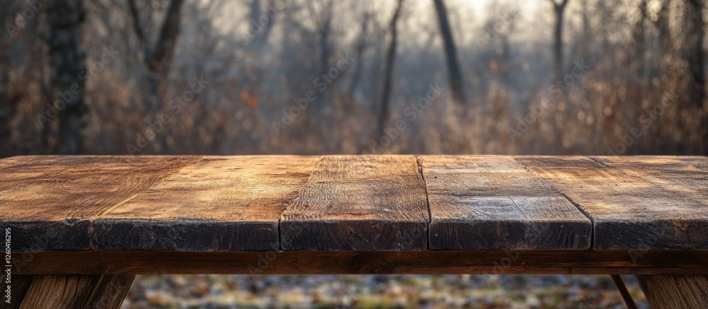 Poster wooden table in winter forest setting with natural light and empty space for text or product placeme
