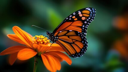 Obraz premium A vibrant monarch butterfly perched delicately on an orange flower, showcasing nature's beauty and the intricate details of its wings amidst a soft blurred background.