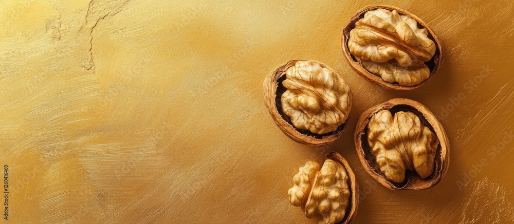 Poster walnut shells and kernels on a luxurious gold background with ample negative space ideal for text pl