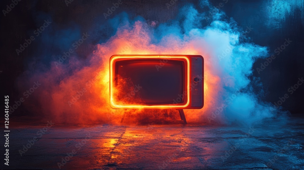 Poster retro television set surrounded by glowing fog in a dark blue neon environment with empty space for 