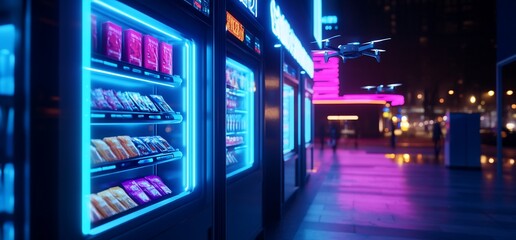 Futuristic vending machine delivery system with autonomous drone usage