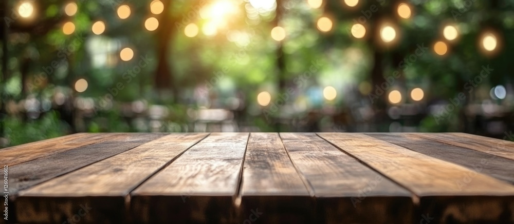 Poster rustic wooden table top with blurred green bokeh background ideal for summer garden product display 