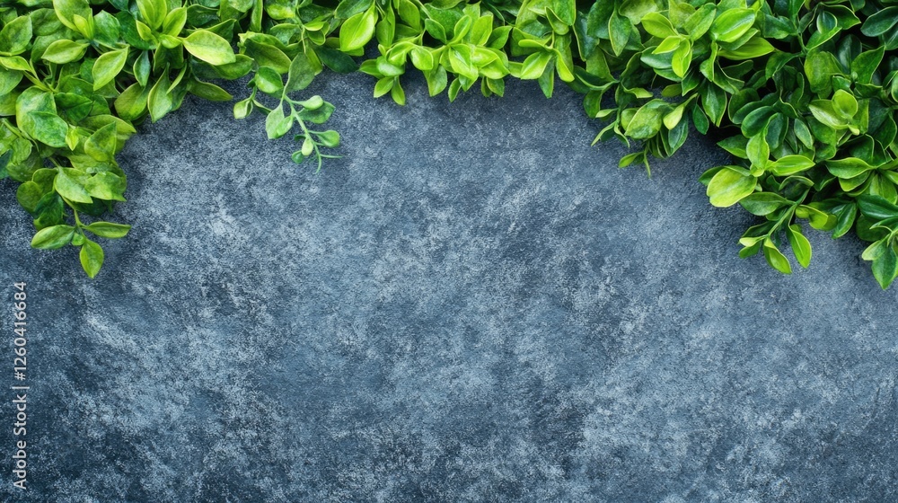 Poster lush green leaves on granite surface creating an elegant backdrop for text and design elements in na