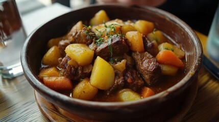 Delicious beef stew with potatoes and carrots served in rustic bowl