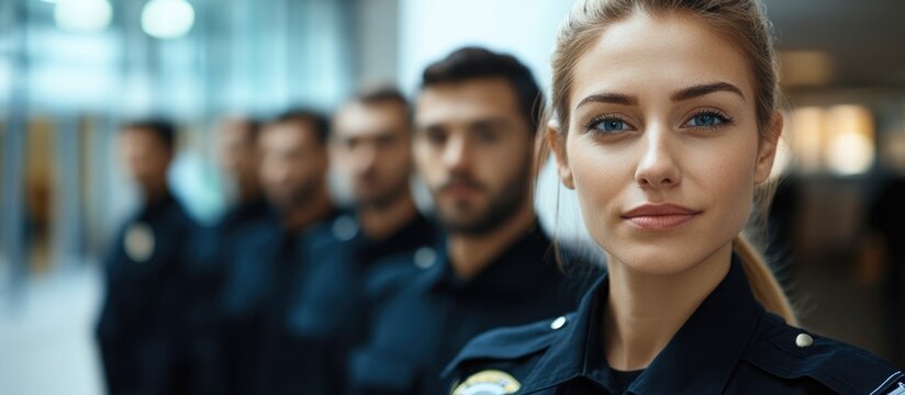 Diverse police officers in uniform standing together for recruitment campaign with focus on female officer and space for text.
