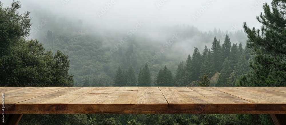 Poster scenic wooden table with a forest backdrop creating a tranquil atmosphere perfect for text overlay a