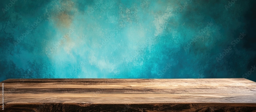 Aufkleber wooden tabletop with blurred turquoise wall background in studio providing ample empty space for cre