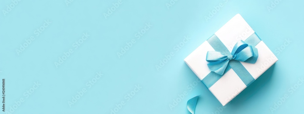Poster white gift box with blue ribbon on light blue background creating an empty space for festive greetin