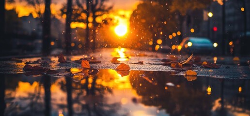 Autumn Sunset Reflection in City Puddle