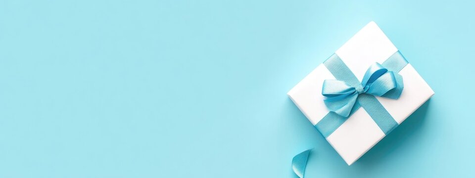 White gift box with blue ribbon on light blue background creating an empty space for festive greeting card or text message flat lay scene
