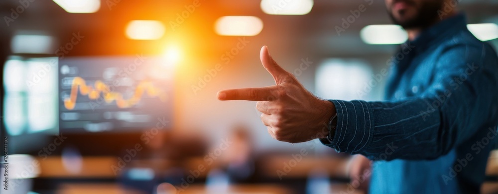 Poster a person gestures towards a screen displaying graphs and data in a bright, modern office setting.