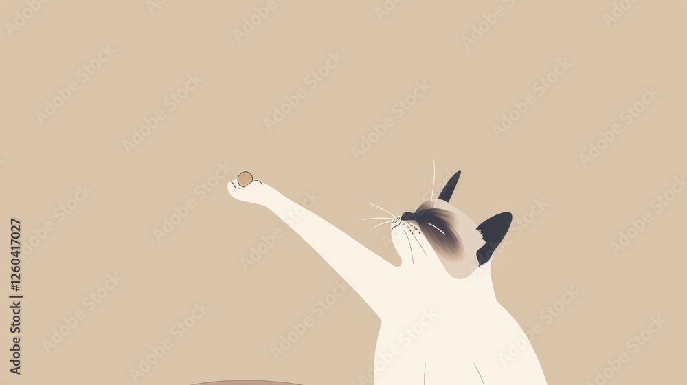 Poster minimalist illustration of a cat extending its paw to reach a small object, blending simplicity with