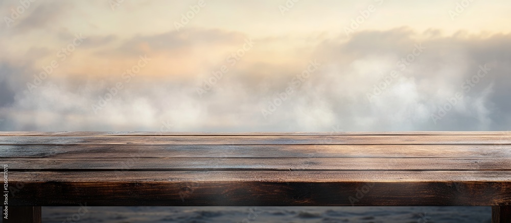 Poster wooden table overlooking a blurred beach landscape with empty space for personalized text or brandin