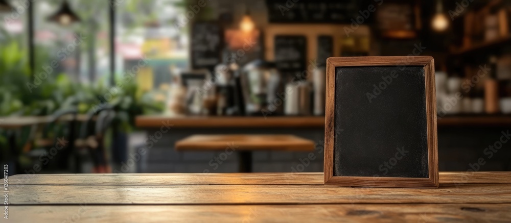 Poster chalkboard sign with empty space for text on a wooden table in a cafe setting with a blurred backgro