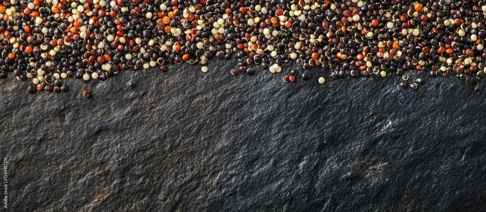 Poster colorful quinoa and vegetable salad on dark surface with empty space for text or branding design abo
