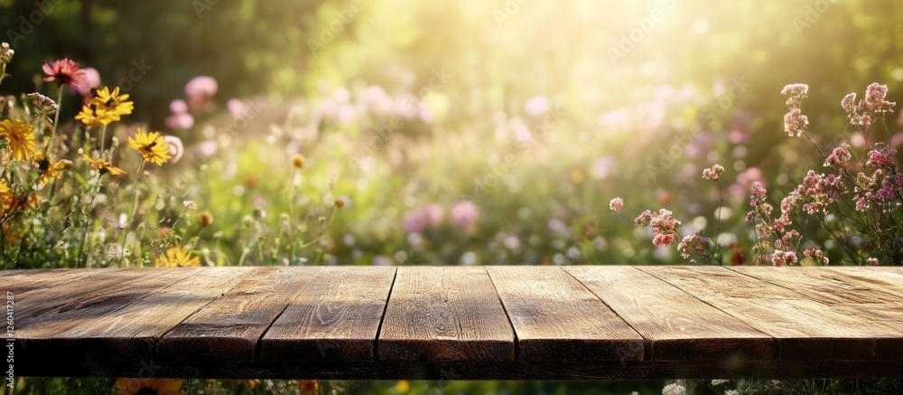 Poster wooden table in serene garden setting with blurred flowers creating a calm atmosphere and space for 