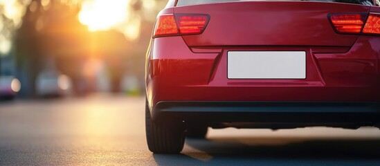 Vehicle license plate with technical details focusing on a red car against a sunset background highlighting blank text space
