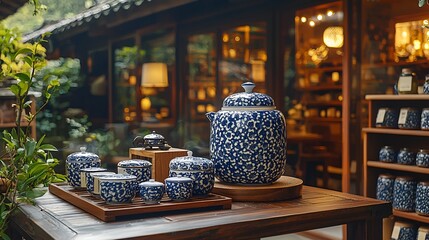 Traditional Chinese tea set display in a garden shop